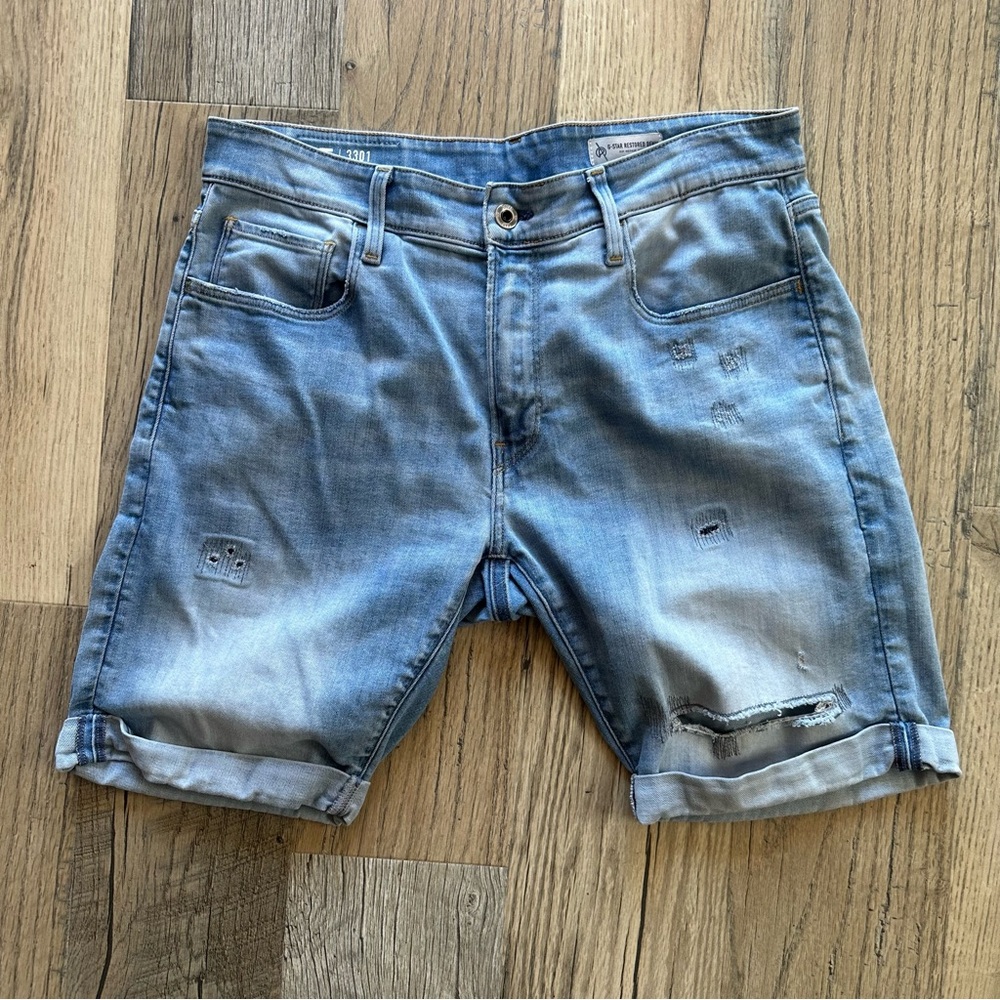 G-Star Light Blue Distressed Denim Slim Shorts